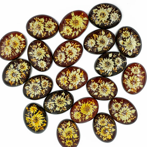 Cherry Amber Engraved Sunflower Oval Shape Cabochon