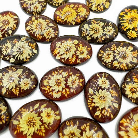 Cherry Amber Engraved Sunflower Oval Shape Cabochon