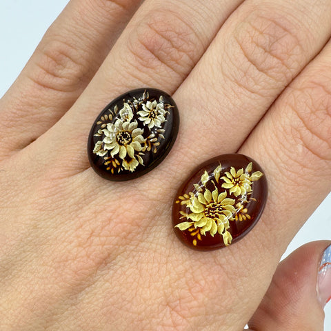 Cherry Amber Engraved Sunflower Oval Shape Cabochon