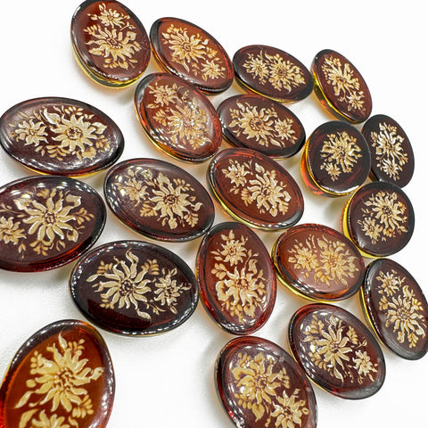 Cherry Amber Engraved Sunflower Oval Shape Cabochon