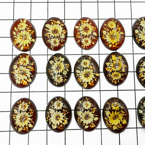 Cherry Amber Engraved Sunflower Oval Shape Cabochon