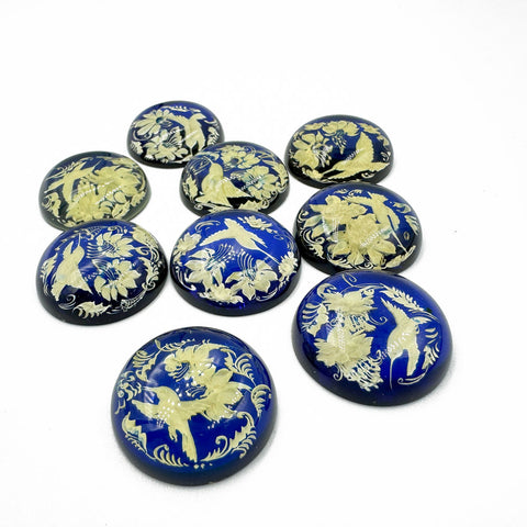 Blue Amber Engraved Hummingbird Round Shape Cabochons