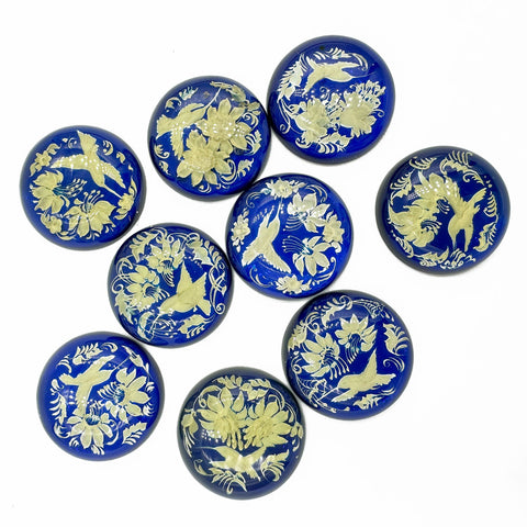 Blue Amber Engraved Hummingbird Round Shape Cabochons