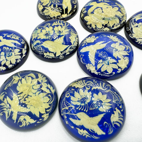 Blue Amber Engraved Hummingbird Round Shape Cabochons