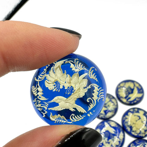 Blue Amber Engraved Hummingbird Round Shape Cabochons