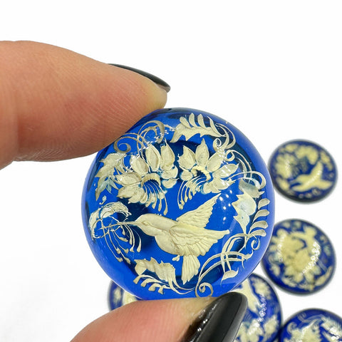 Blue Amber Engraved Hummingbird Round Shape Cabochons