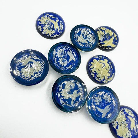 Blue Amber Engraved Hummingbird Round Shape Cabochons