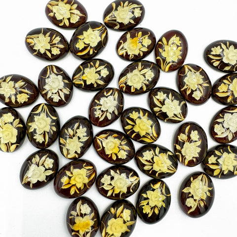 Cherry Amber Engraved Flower Oval Shape Cabochon