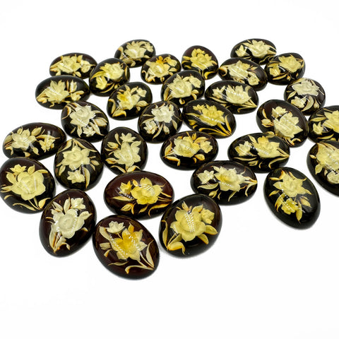 Cherry Amber Engraved Flower Oval Shape Cabochon