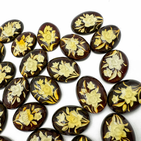 Cherry Amber Engraved Flower Oval Shape Cabochon