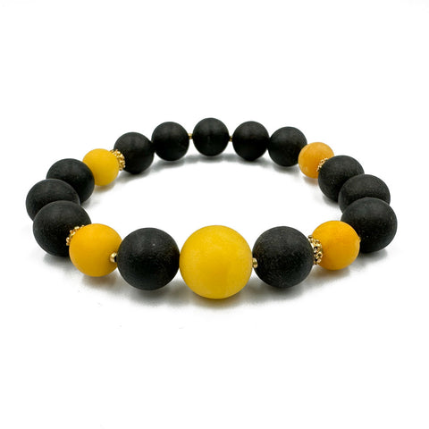 Black & White Amber Round Beads Stretch Bracelet 14K Gold Plated