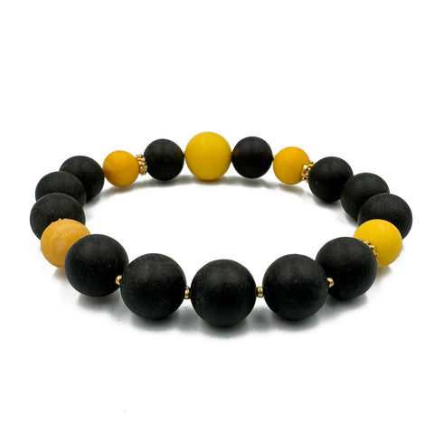 Black & White Amber Round Beads Stretch Bracelet 14K Gold Plated