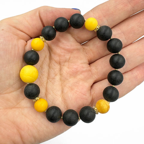 Black & White Amber Round Beads Stretch Bracelet 14K Gold Plated