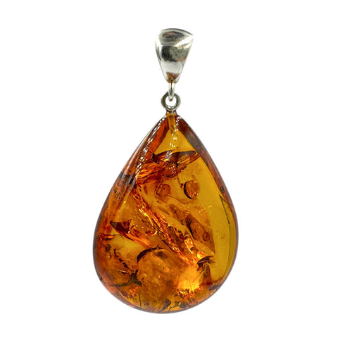 Cognac Amber Drop Pendant Sterling Silver