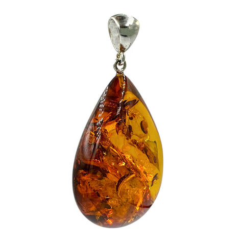 Cognac Amber Drop Pendant Sterling Silver