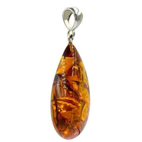 Cognac Amber Drop Pendant Sterling Silver