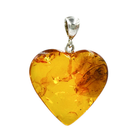 Cognac Amber Heart Pendant Sterling Silver