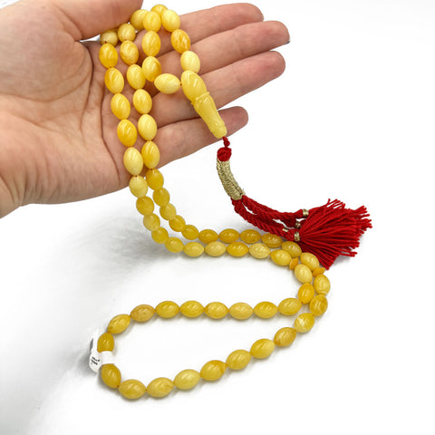 Yellow With White Amber Olive Shape 8.5 mm Islamic Prayer Beads