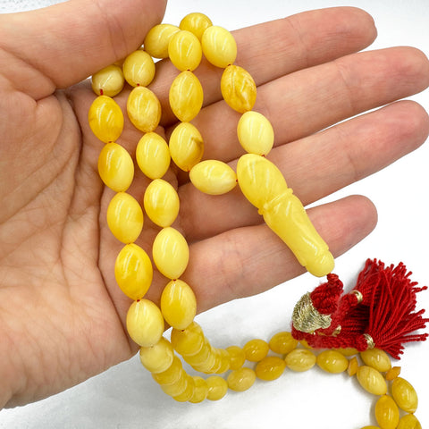Yellow With White Amber Olive Shape 8.5 mm Islamic Prayer Beads