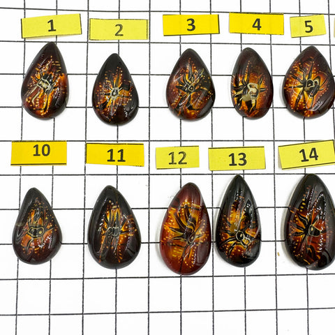 Gradient Color Amber Carved Drop Shape Cabochon