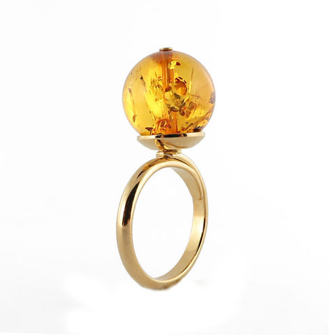 Cognac Amber Round Bead Ring 14K Gold Plated