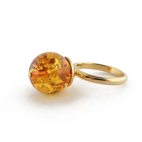 Cognac Amber Round Bead Ring 14K Gold Plated