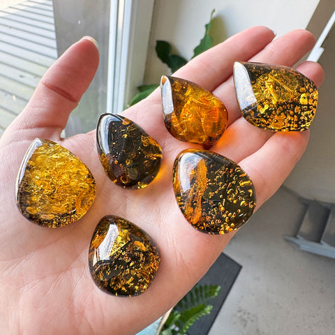 "Earth Stone" Green Amber Handmade Drop Cabochons