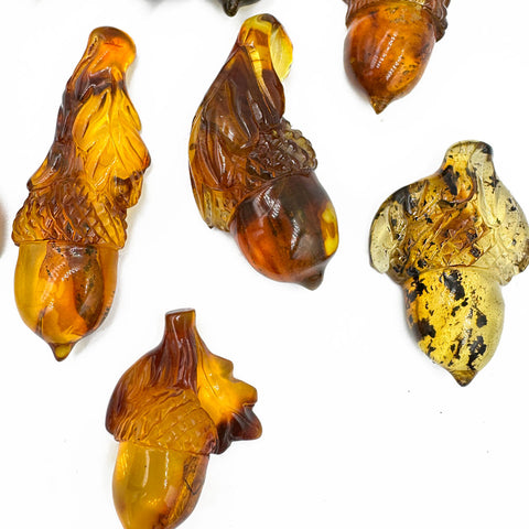 Cognac Amber Carved Acorn Cabochons