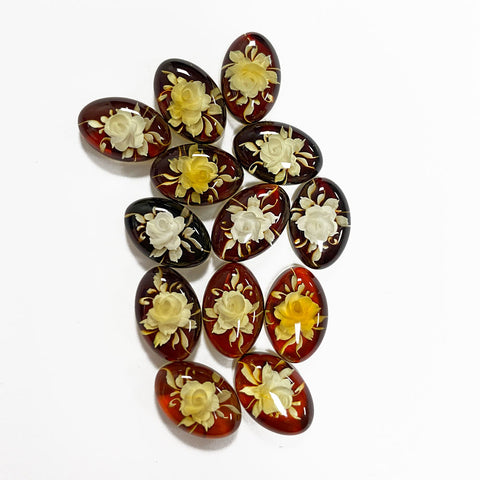 Cherry Amber Engraved Roses Oval Shape Cabochon