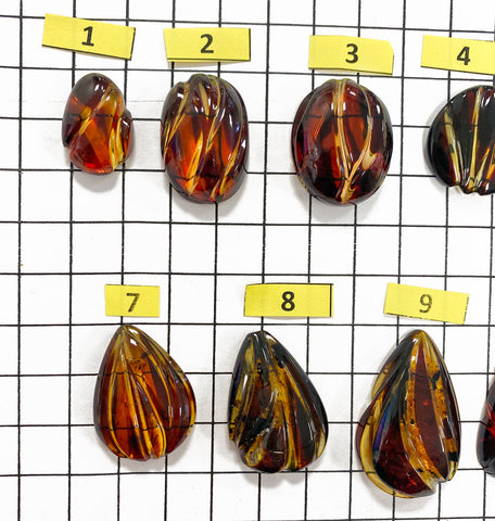 Gradient Color Amber Carved Drop Shape Cabochon