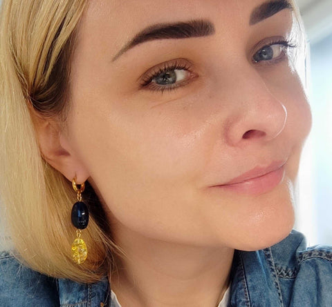 Multi-Color Amber Nugget Dangle Earrings 14k Gold Plated