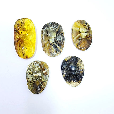 Milky & Fossil Amber Carved Spider Cabochons