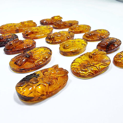 Cognac Amber Carved Bee On Honeycomb Cognac Cabochon