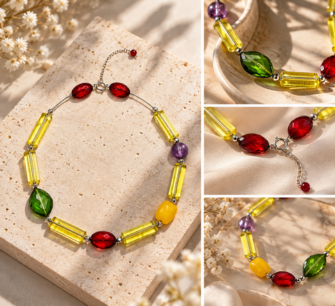 Multi-Color Amber Beads Necklace Stainless Steel