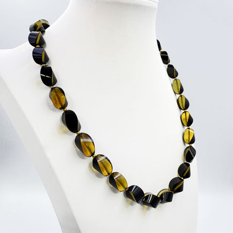 Two Toned Amber Twisted Olive Beads Necklace 14k Gold Plated