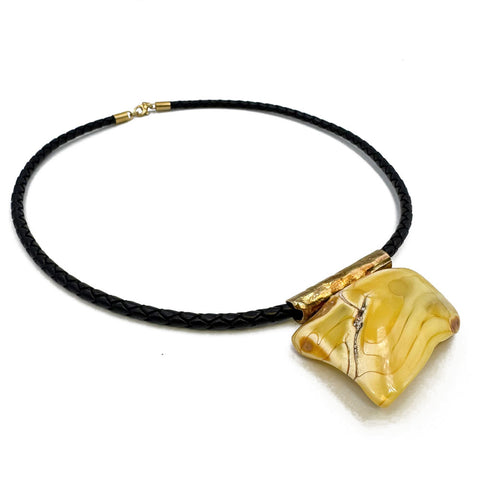 Milky Amber Free Shape Pendant Necklace With Leather