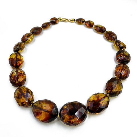 BA Green Amber Faceted Nugget Beads Necklace 14K Gold Plated