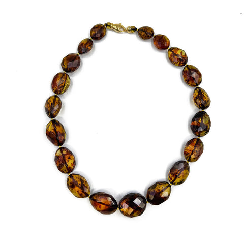 BA Green Amber Faceted Nugget Beads Necklace 14K Gold Plated