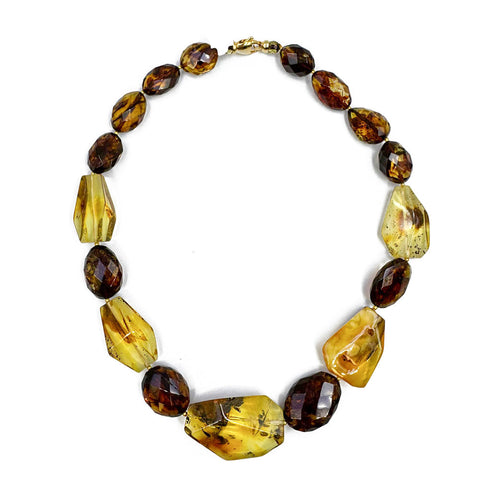 Multi-Color Amber Faceted Nugget Beads Necklace 14K Gold Plated