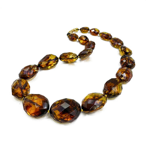 BA Green Amber Faceted Nugget Beads Necklace 14K Gold Plated