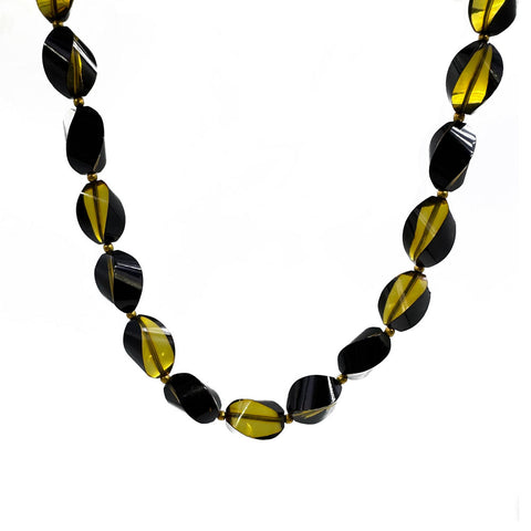 Two Toned Amber Twisted Olive Beads Necklace 14k Gold Plated