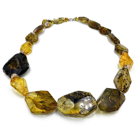 Multi-Color Amber Faceted Nugget Beads Necklace Sterling Silver