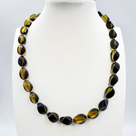 Two Toned Amber Twisted Olive Beads Necklace 14k Gold Plated