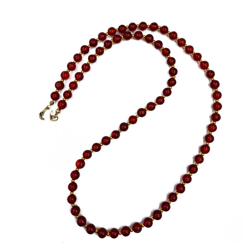 Red Amber Round Beads Necklace 14k Gold Plated