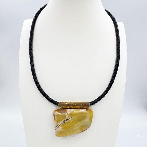 Milky Amber Free Shape Pendant Necklace With Leather