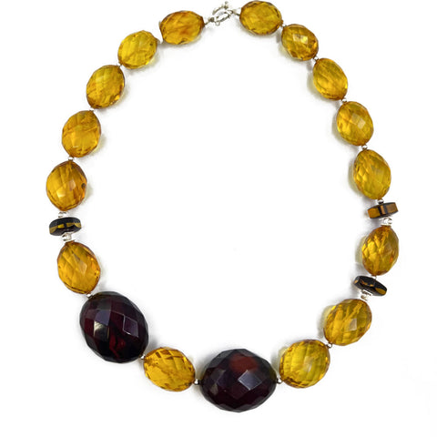 Multi-Color Amber Faceted Olive Beads Necklace Sterling Silver