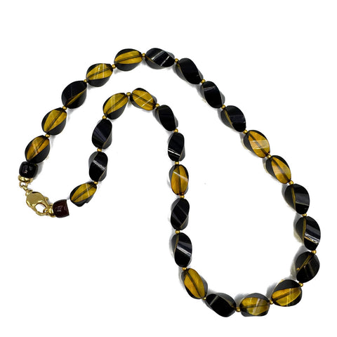 Two Toned Amber Twisted Olive Beads Necklace 14k Gold Plated
