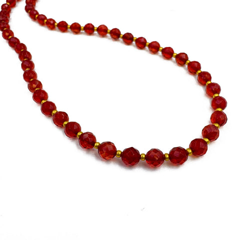 Red Amber Faceted Round Beads Necklace 14k Gold Plated
