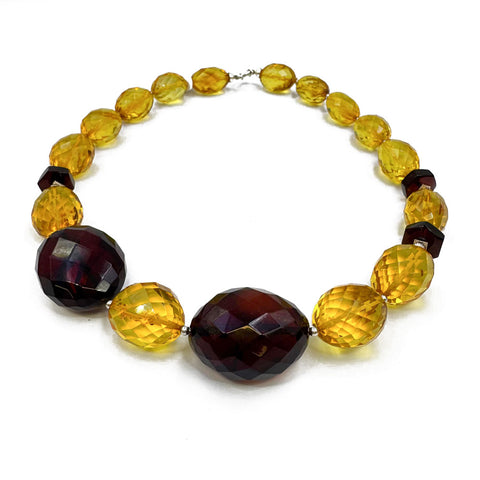 Multi-Color Amber Faceted Olive Beads Necklace Sterling Silver