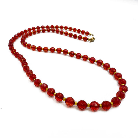 Red Amber Faceted Round Beads Necklace 14k Gold Plated